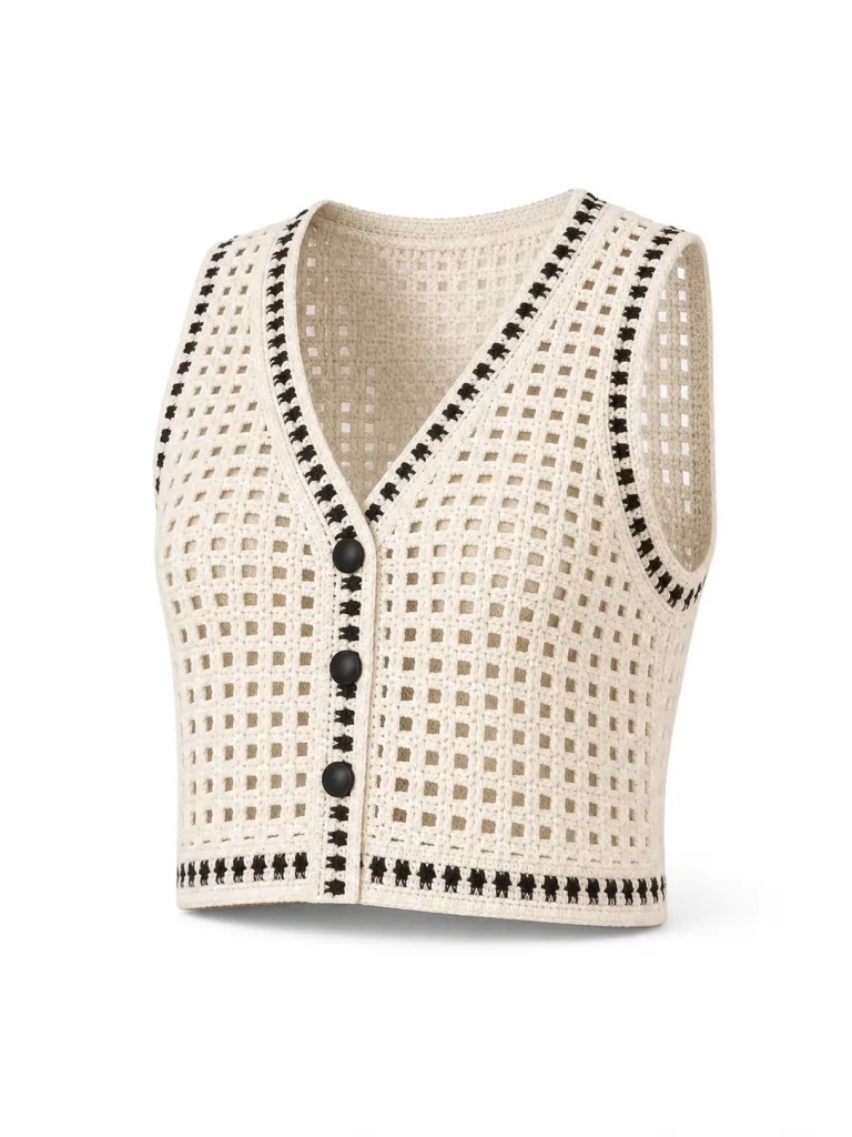 Custom Women's Black-and-Ivory Geometric Crochet Waistcoat for Summer