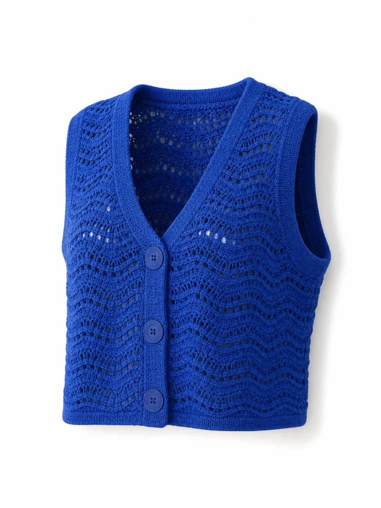 Custom Women's Cobalt Wave-Stitch Deep-V Crochet Vest for Summer