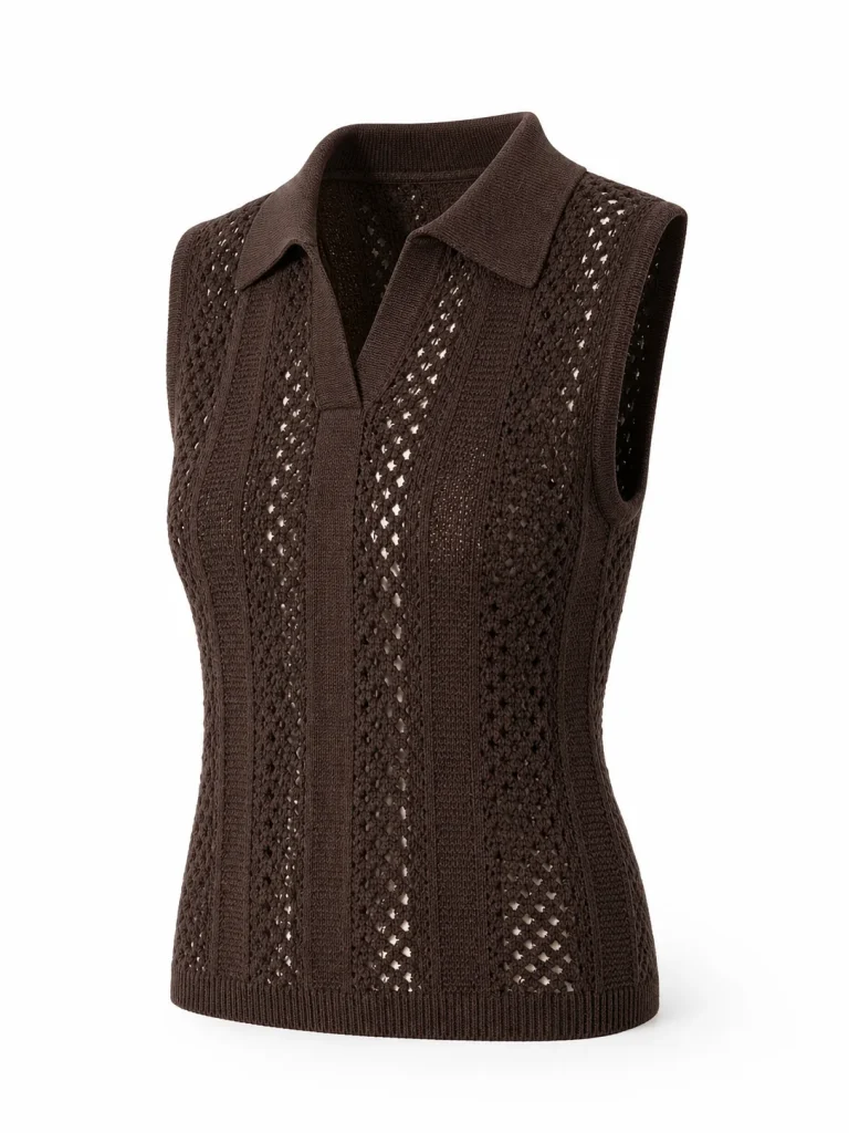 Custom Women's Espresso Crochet Polo-Collar Sleeveless Top for Summer