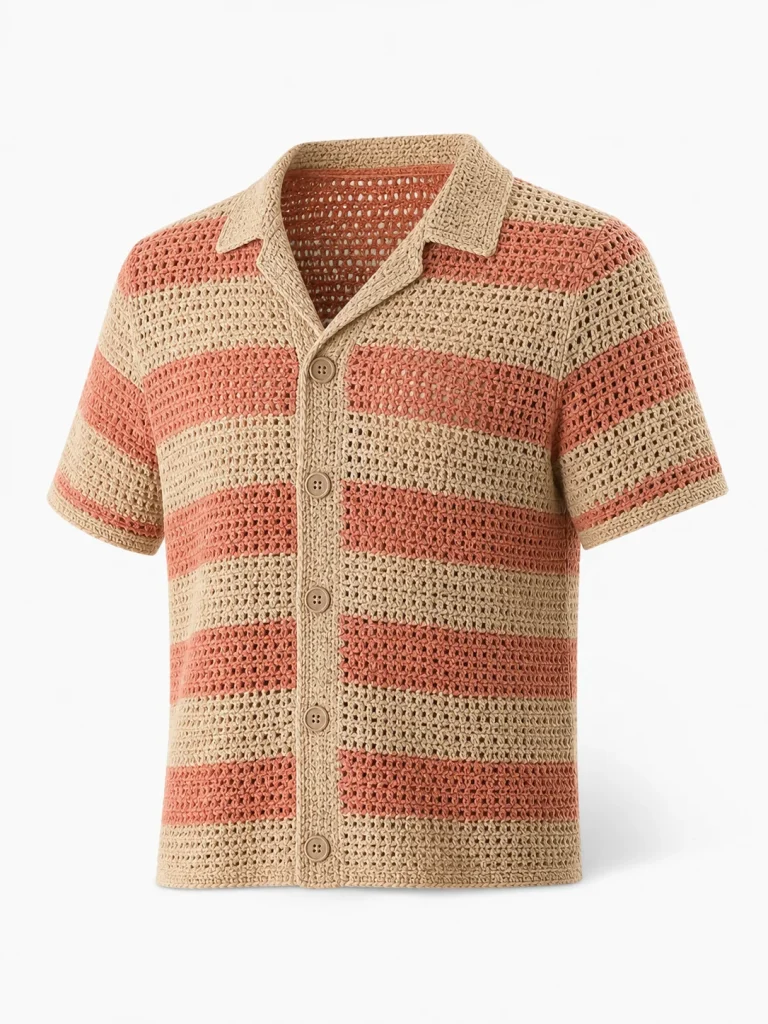 Custom Women's Coral-and-Sand Striped Crochet Camp Shirt for Summer
