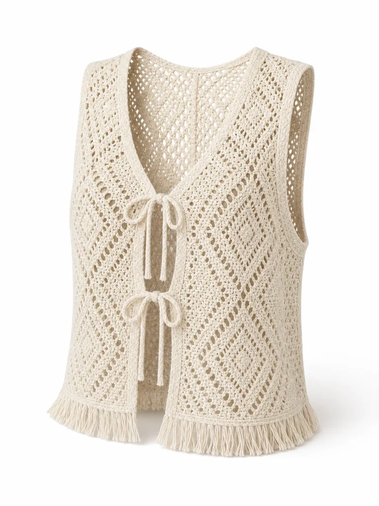 Custom Women's Natural-Ecru Diamond Crochet Fringe-Hem Vest for Summer