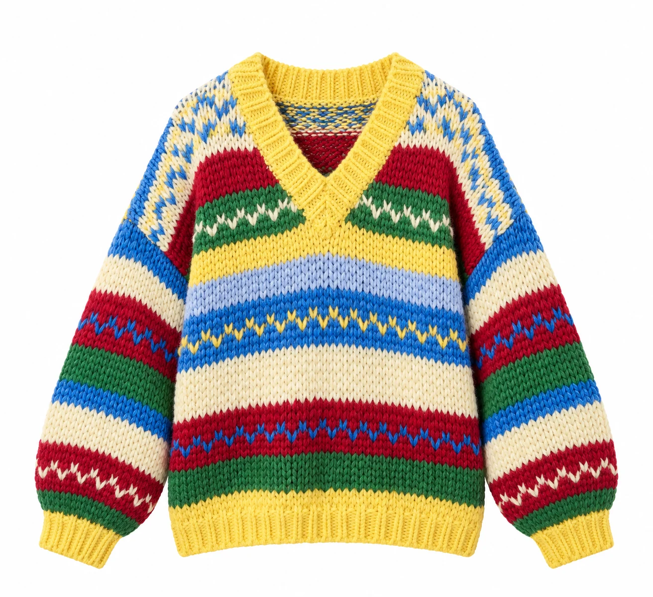 Women’s Multicolour Striped V-Neck Sweater with Yellow Trim