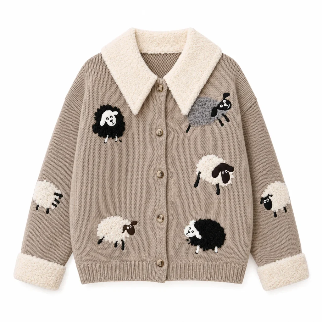Damen-Strickjacke mit Schafmotiven, Kragen und Knopfleiste