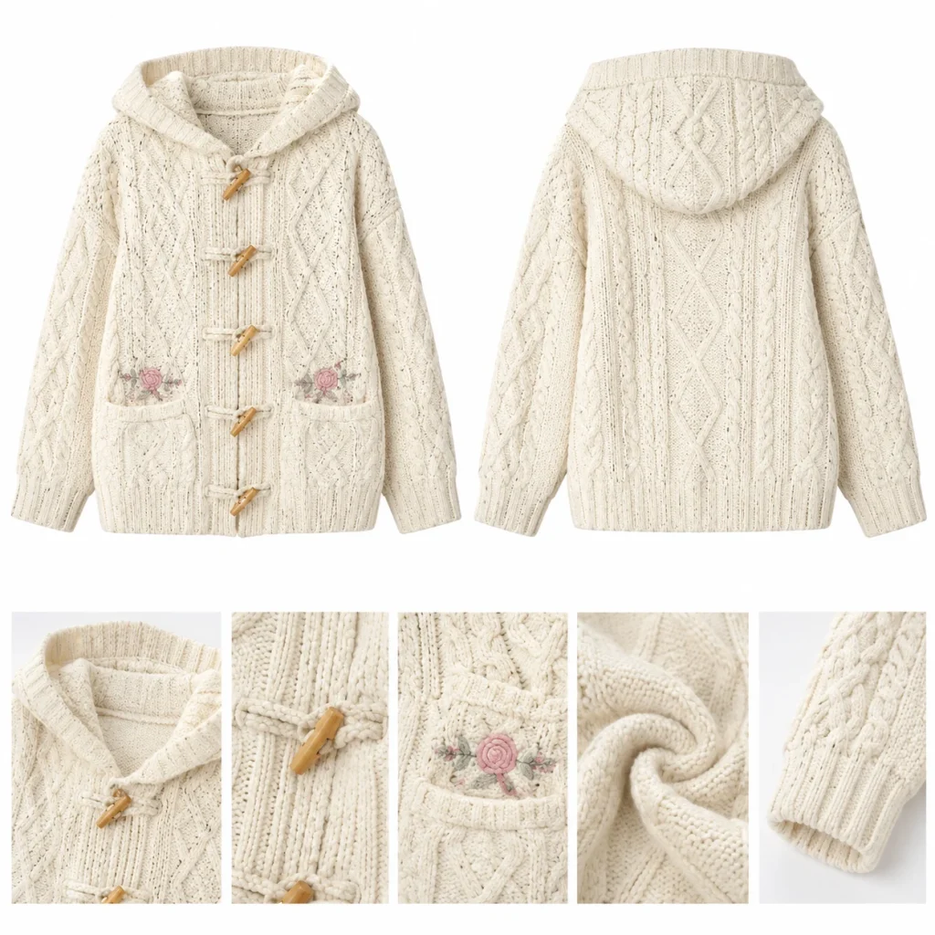 Cremeweiße Kapuzenstrickjacke mit Zopfmuster und Knebelverschlüssen