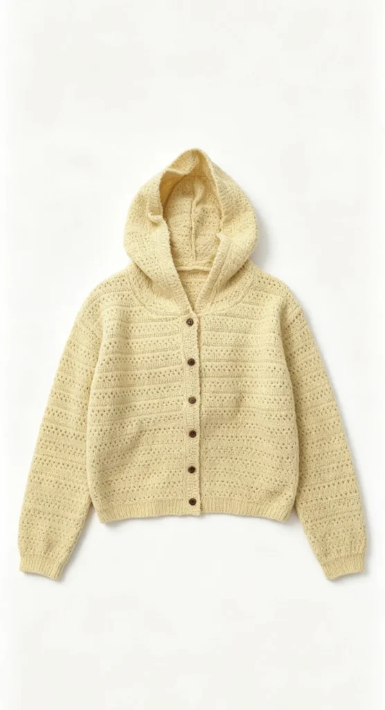 Hellgelbe Kapuzenstrickjacke mit Lochmuster und Knöpfen