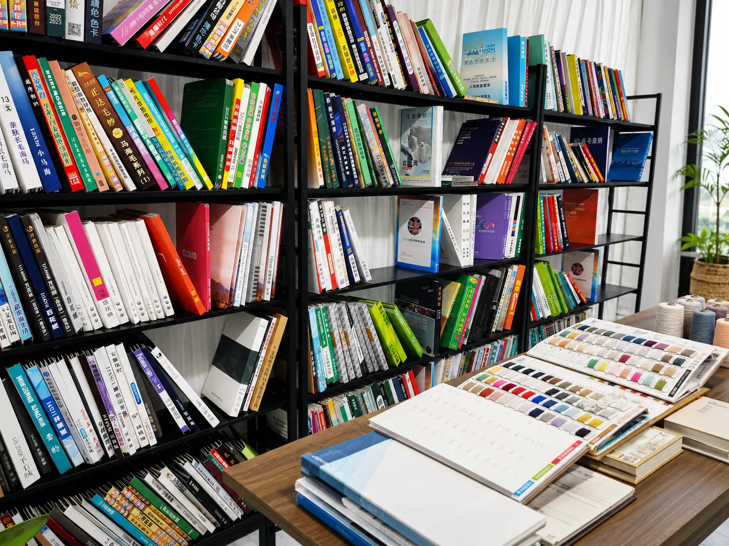 TYKNIT material library with yarn color cards and textile reference books for custom knitwear development